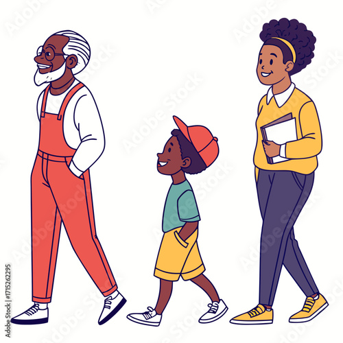 A happy family of three generations walking together, grandfather, mother, and child are enjoying a walk in the park on a sunny day vector illustration