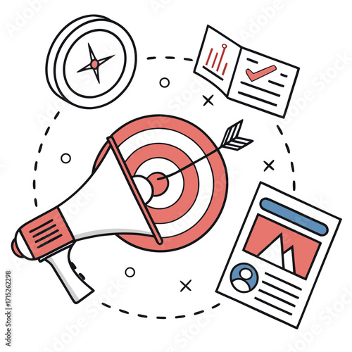A vibrant illustration captures the essence of marketing strategy, showcasing key elements for effective communication and promotion, target and megaphone included