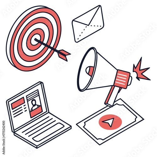 Marketing and advertising icons including a target, email, laptop, and megaphone, representing strategy, communication, and promotion, a visual representation of business