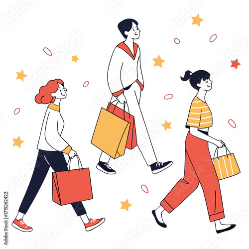 Three cheerful individuals are illustrated in a vector graphic, each carrying shopping bags and walking with a sense of excitement, the artwork captures the joy of shopping