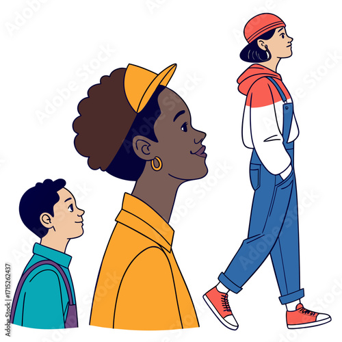 Three diverse individuals of varying ages stand side by side, each gazing upwards with expressions of hope and optimism, the illustration style is clean