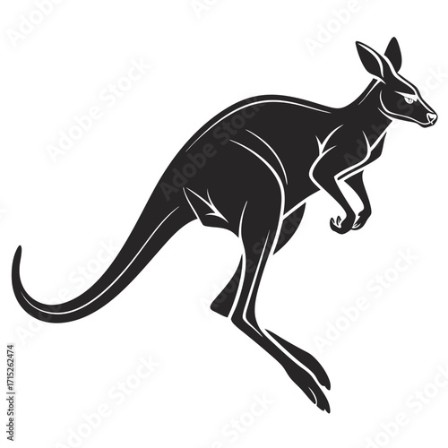 A black kangaroo in a dynamic pose, showcasing its powerful legs and long tail, the design is clean and modern, perfect for various applications