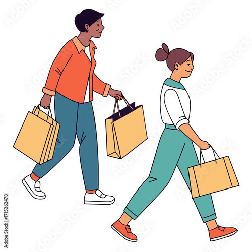Two people are walking with shopping bags, showcasing a casual and stylish look, perfect for retail and lifestyle themes