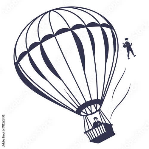 A captivating line art illustration showcases a hot air balloon gracefully soaring through the sky, with a man falling out of it, a symbol of adventure