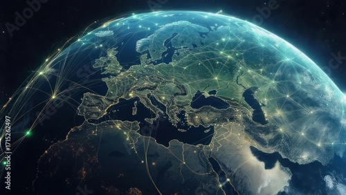 Earth, Europe, network of connections.  Detailed map of Europe with glowing lines connecting continents