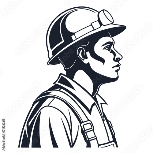 A determined miner stands tall, his gaze fixed on the horizon, a symbol of resilience and unwavering spirit, his helmet, a beacon of safety, reflects the light