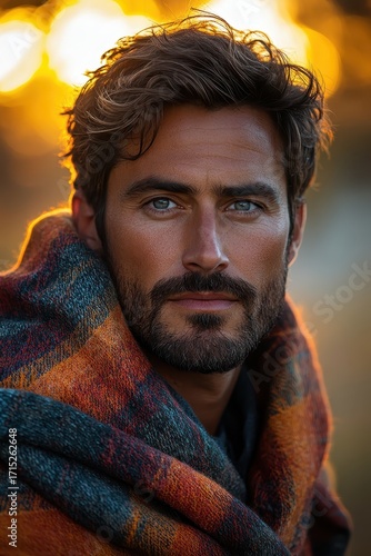 Cozy Bearded Man in Plaid Blanket Bathed in Warm Golden Autumn Sunset Light
