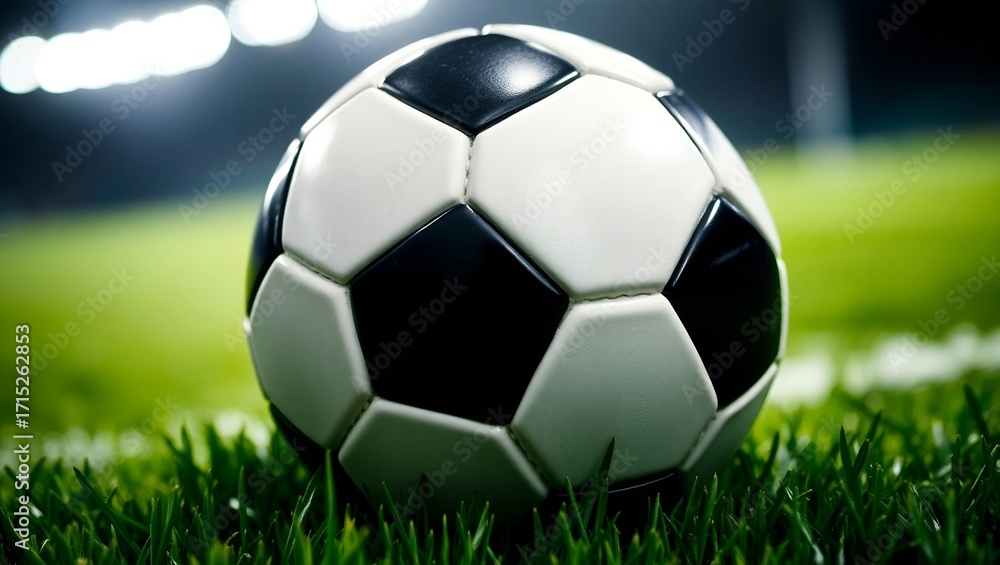 Fototapeta premium A classic black and white soccer ball lies on the green grass.