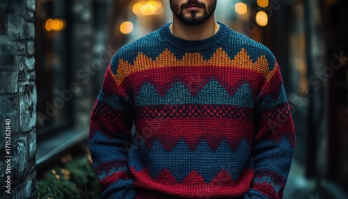 Man Wearing Geometric Patterned Knit Sweater Outdoors