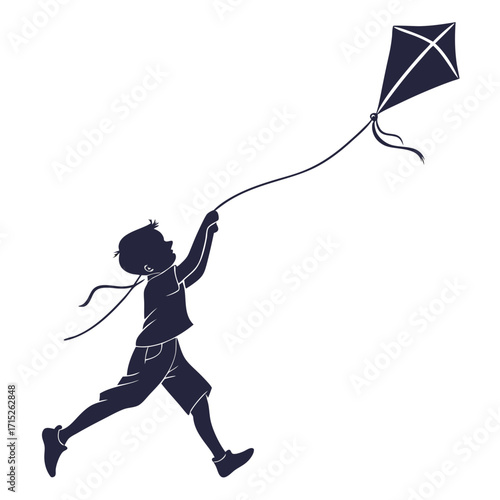 Silhouette of a boy running with a kite, a simple yet striking design for childhood, freedom, and outdoor activities a playful design