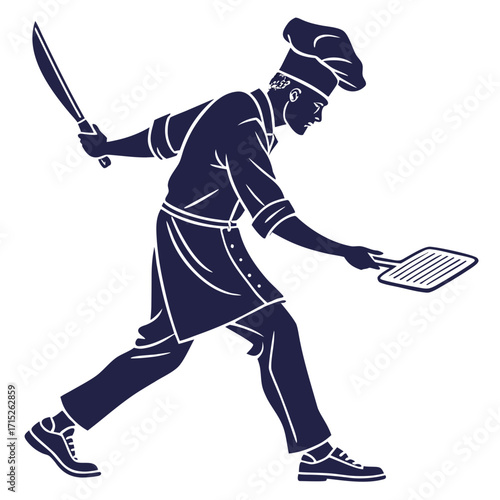 Silhouette of a chef cooking on a stove, wearing a hat and apron, flipping food in a pan with a spatula, creating a culinary masterpiece