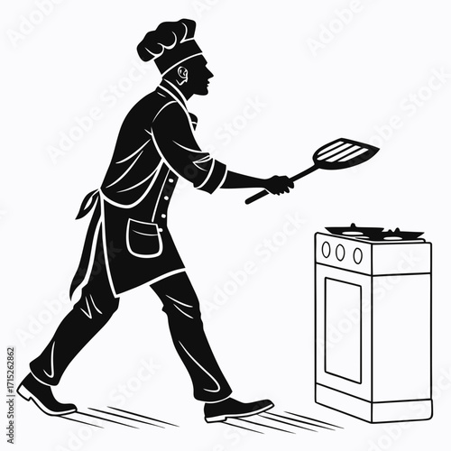 Silhouette of a chef cooking on a stove, wearing a hat and apron, flipping food in a pan with a spatula, creating a culinary delight