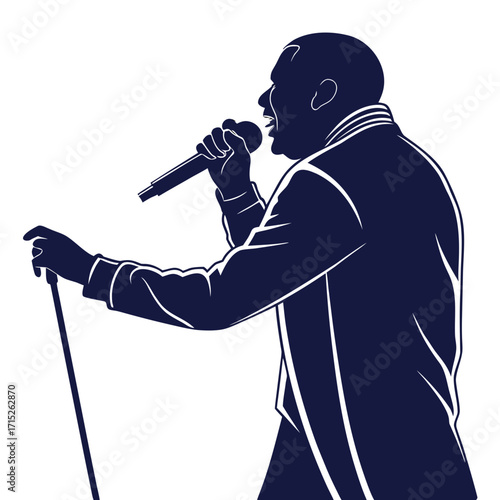 Illustration of a soulful male singer performing on stage, holding a microphone and cane, exuding emotion and passion vector silhouette