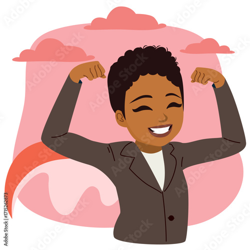 Illustration showing a Latina powerful business woman standing confidently on a pink cloud background. Cartoon drawing for leadership, empowerment and success