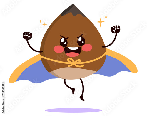Cartoon character illustration showing a strong super hero chestnut isolated on white background. Mascot for castanyada Catalonia holiday tradition