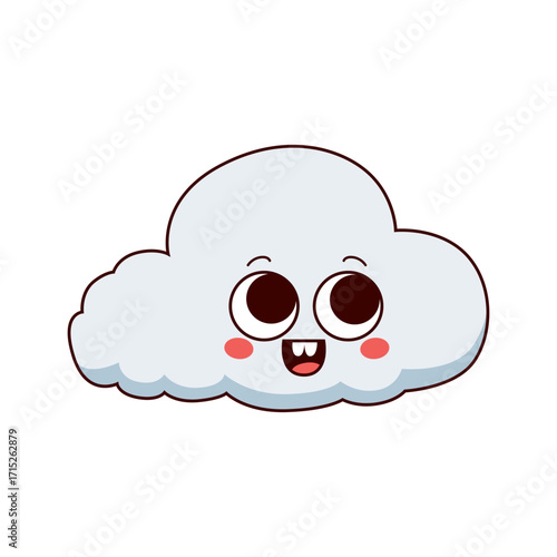 cartoon illustration showing a cute cloud with funny face and wide toothy smile isolated on white background, ideal for children’s projects, humor designs and playful icons