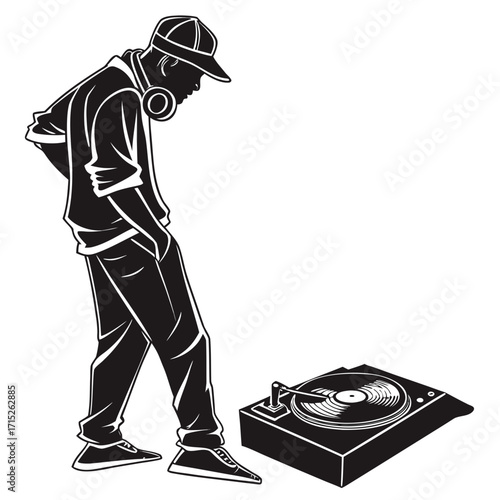 Silhouette of a dj playing music on turntable the dj is wearing headphones and a cap, and is focused on the music the turntable is black and white