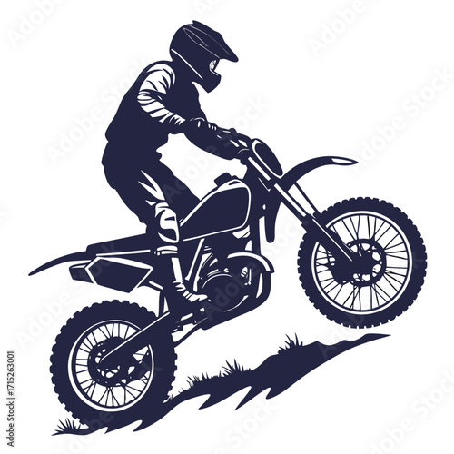 Silhouette of a motocross rider jumping over a hill on a dirt bike, the rider is wearing a helmet and protective gear, showcasing skill and control