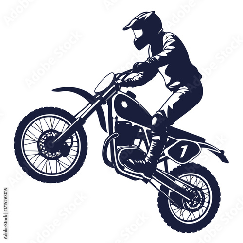 Silhouette of a motocross rider performing a wheelie on a dirt bike, the rider is wearing a helmet and protective gear, showcasing skill and agility