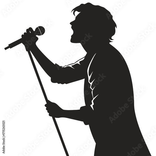 Silhouette of a passionate male singer holding a microphone and singing with energy, the singer is expressing himself through music and performance