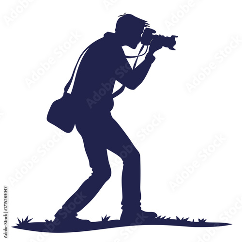 Silhouette of a photographer taking a picture with a professional camera, standing on grass, wearing a shoulder bag, a simple yet striking design