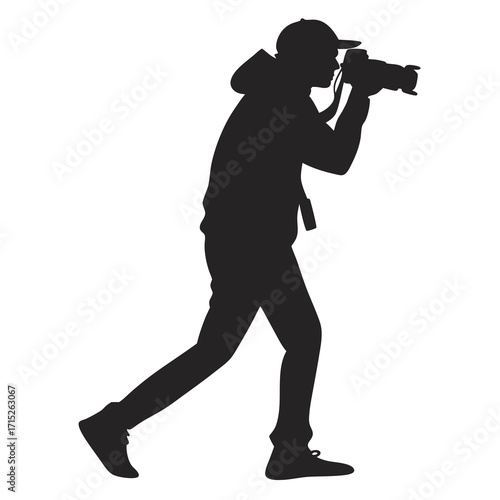 Silhouette of a photographer in action, capturing a moment with a camera, , showcasing the dynamic pose and focus on the subject, vector art