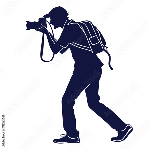 Silhouette of a photographer with a backpack, capturing a moment with a camera, , showcasing the dynamic pose and focus on the subject, vector art