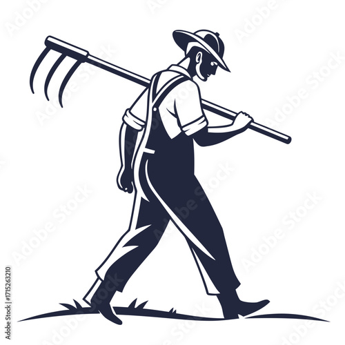 Illustration of a farmer working in the field with a rake, the farmer is wearing a hat and overalls, and he is working hard to till the soil