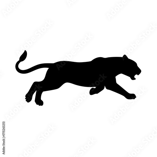Silhouette of a black panther in a dynamic running pose, , showcasing its sleek form and powerful stride, capturing the essence of agility and grace