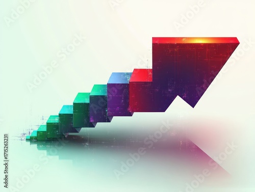 Colorful three-dimensional ascending arrow composed of rectangular blocks symbolizing growth and upward progress with reflective surface and slight digital texture