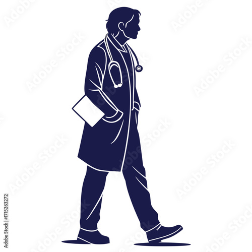 Silhouette of a doctor walking with a stethoscope and holding a clipboard, the doctor is wearing a lab coat and pants, and is walking to the right