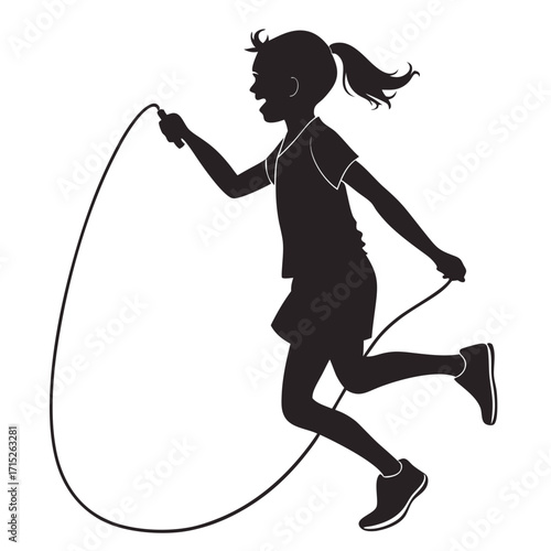Silhouette of a cheerful girl skipping rope with energy and enthusiasm, a dynamic pose captures the joy of childhood fitness and active play