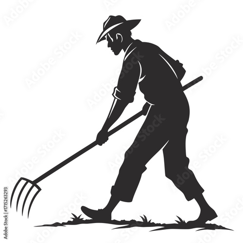 Silhouette of a farmer working in the field with a pitchfork, wearing a hat and long sleeves, the image captures the essence of rural life and agriculture