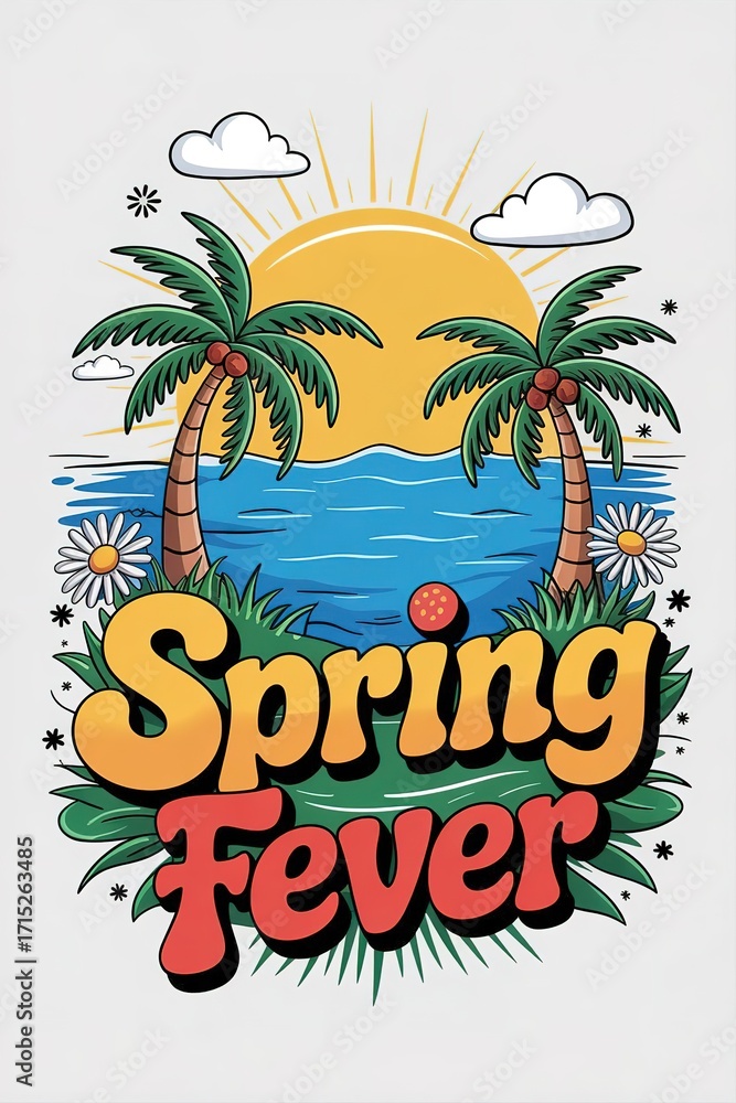 Fototapeta premium Tropical Spring Fever Illustration with Palm Trees and Ocean