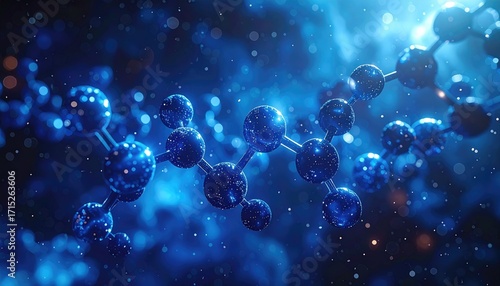 Glowing blue molecule model on dark background