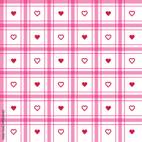 Cute Pink Plaid Pattern with Hearts for Valentine, Fabric, and Background Design. Illustration vector 10 eps.