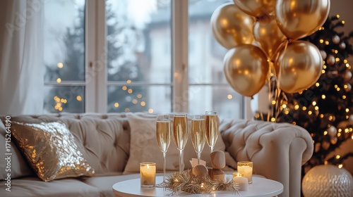 Festive living room scene with golden balloons, champagne glasses, and a decorated christmas tree, creating a warm and inviting holiday atmosphere