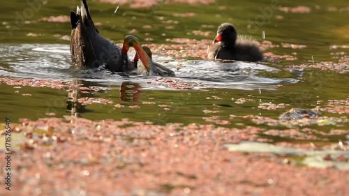 Dusky moorhen parent and chick eating during the late afternoon in the lake.