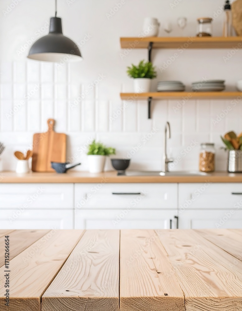 Fototapeta premium A blurry, light and airy kitchen, with a wooden table in focus