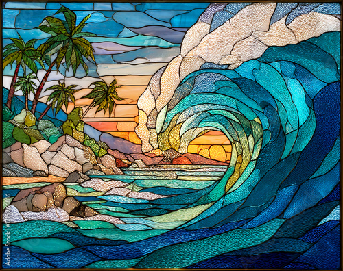 A stained glass painting of an ocean wave in the style of hawaiian tiki art, with palm trees on a beach with rocks and sand.  A tropical scene, with detailed patterns and textures.