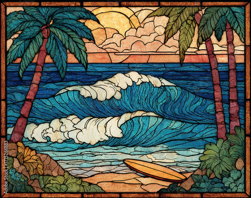 A stained glass painting of an ocean wave in the style of hawaiian tiki art, with palm trees on a beach with rocks and sand.  A tropical scene, with detailed patterns and textures.