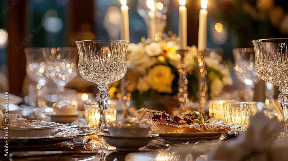 Naklejka premium An elegant table setting with crystal glasses, candles, and floral arrangements creates a warm and inviting atmosphere for a special occasion or celebration