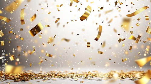 Falling Golden Confetti on Light - Gray Background for Celebrations