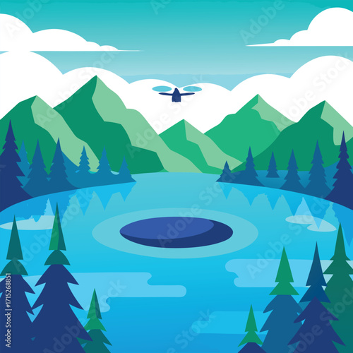 Mountain Lake with Trees and a Hovering Drone forest