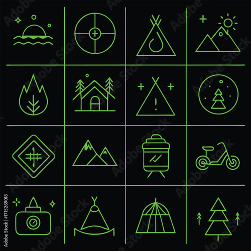 Neon green outline icons for outdoor activities and nature