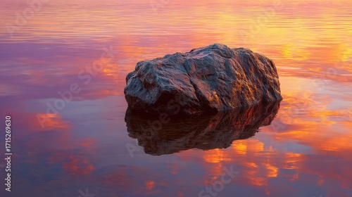 Serene Rock Formation Reflecting Colors on Calm Water Surface