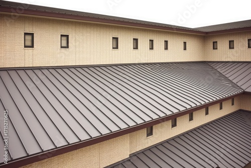 close-up of flat roof with dark grey metal sheeting and brown horizontal windows on beige brick commercial building