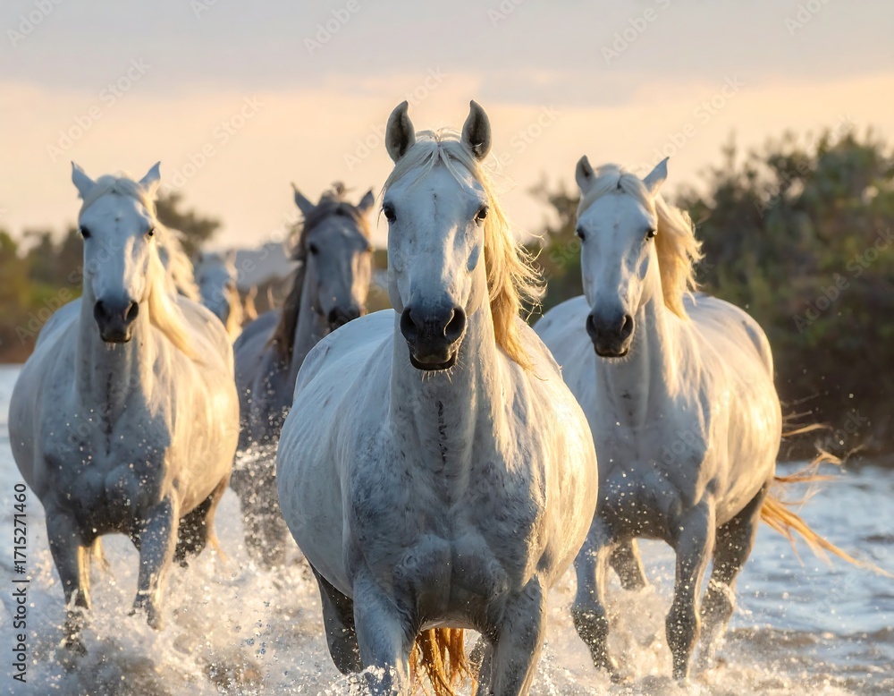 Obraz premium Majestic white horses galloping through shallows