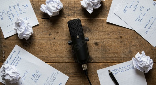 Creative Process of Podcasting with Microphone and Crumpled Notes