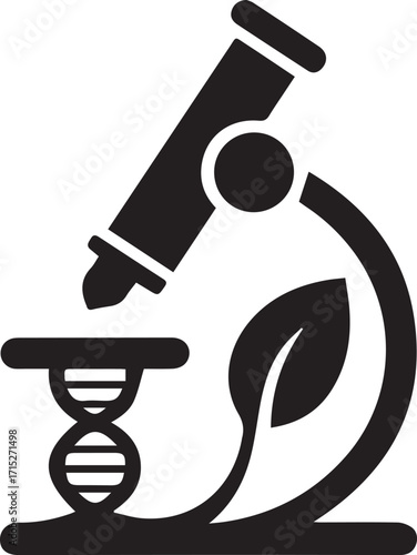 Microscope icon examining DNA helix with a plant leaf, symbolizing biotechnology and genetic research